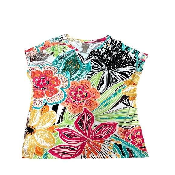 Chicos Short Sleeve Blouse Vibrant Multi Colored Floral Abstract Print V Neck - Picture 9 of 10
